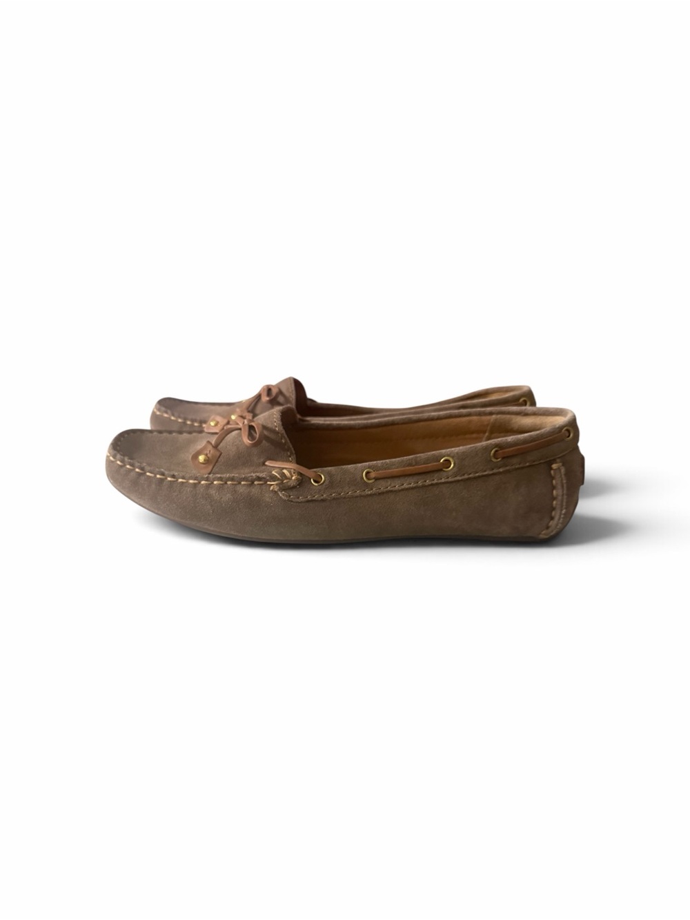 Clarks Tan Taupe Leather Moccasin Loafers with Brown Lace Trim